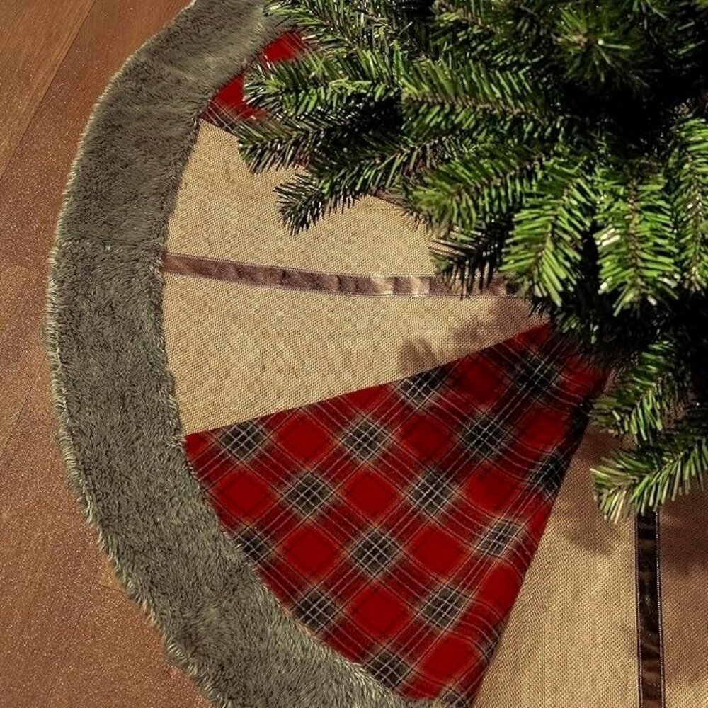 Valery Madelyn 48" Red/Black Tartan Linen Blend Bronze Christmas Tree Skirt